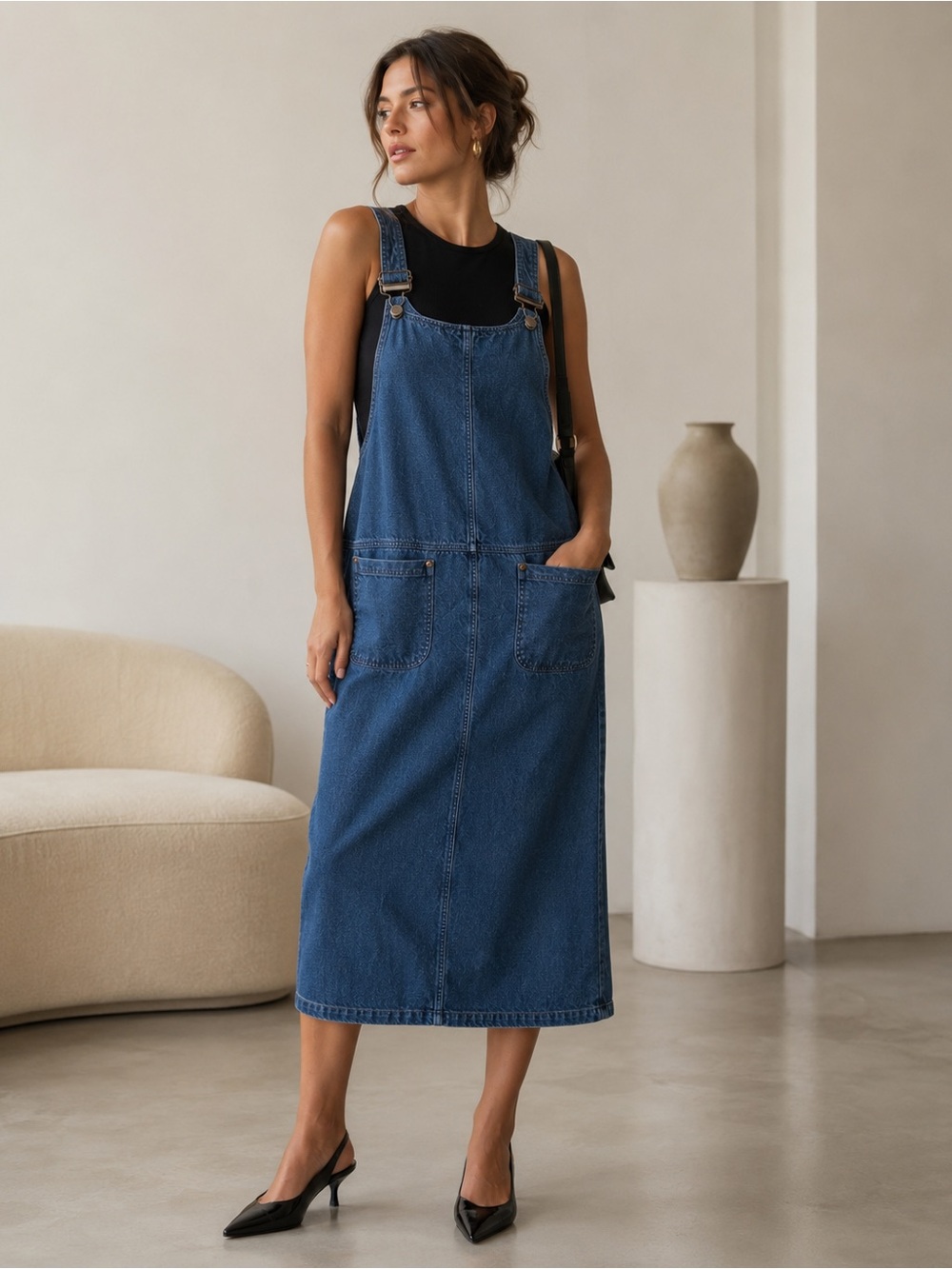 Vintage Cherokee Denim Linen Blend Utility Midi Dress • Size S